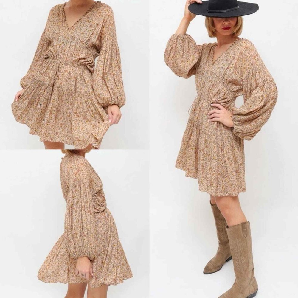 Doen Grasse Jaipur Small Floral Mustard Boho VNeck Flowy Mini Peasant Dress NWOT - Picture 2 of 6